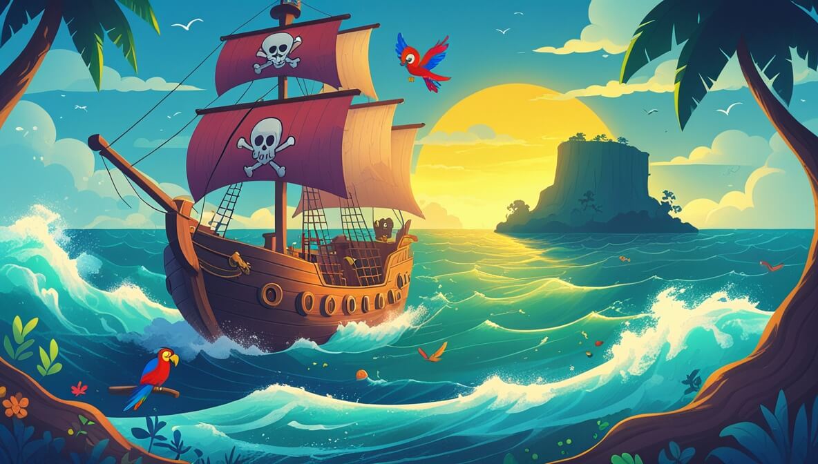 Pirate ship in stormy seas with captain steering; parrot nearby; mysterious island with cave at sunrise.