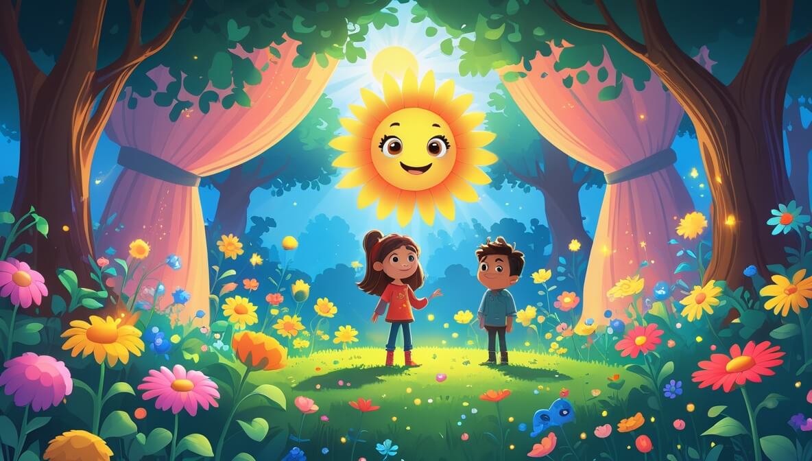 Mia and Leo in a magical garden with colorful flowers and a glowing sunflower under a bright sun.