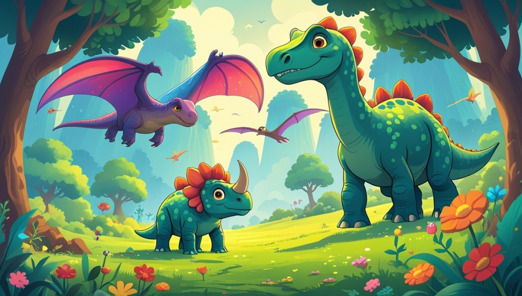 Young Triceratops and colorful Pterodactyl in a lush valley with vibrant flowers and towering trees.