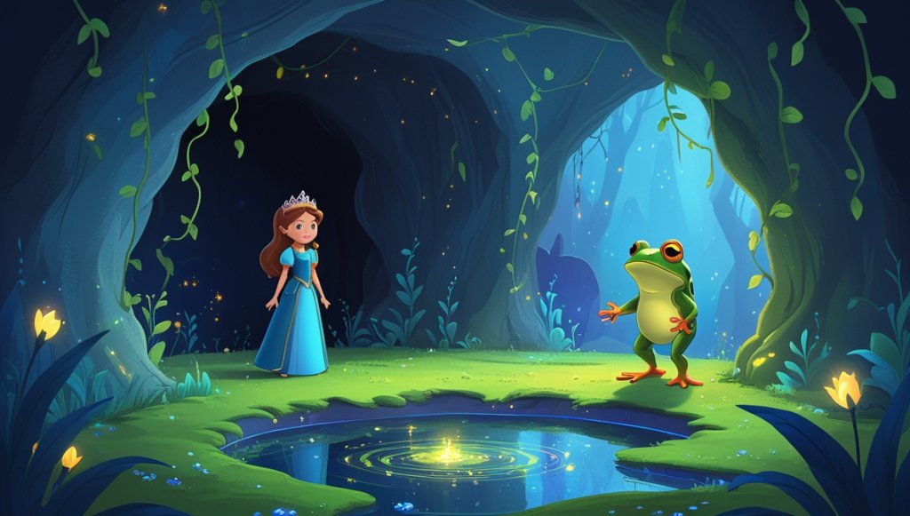 Princess Aria and Sir Cedric in a glowing cave, with a mysterious sorceress and a wise enchanted frog nearby.