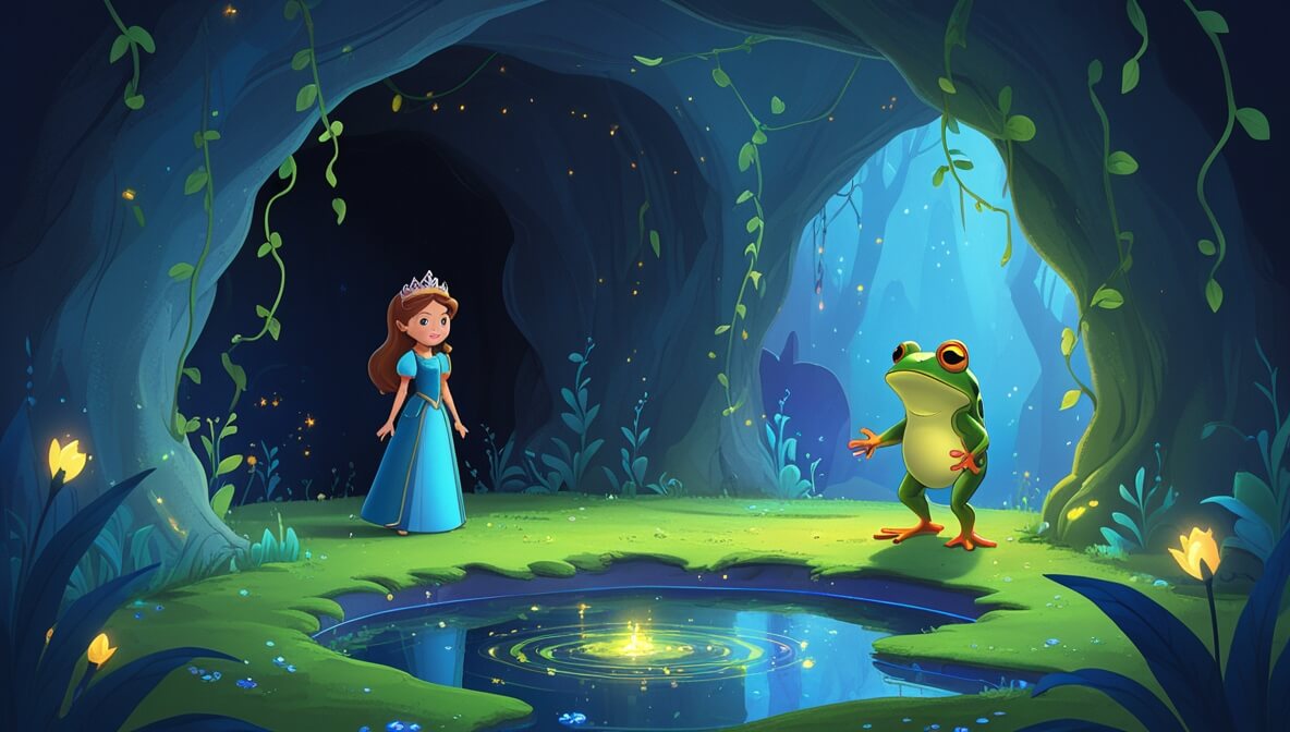 Princess Aria and Sir Cedric in a glowing cave, with a mysterious sorceress and a wise enchanted frog nearby.