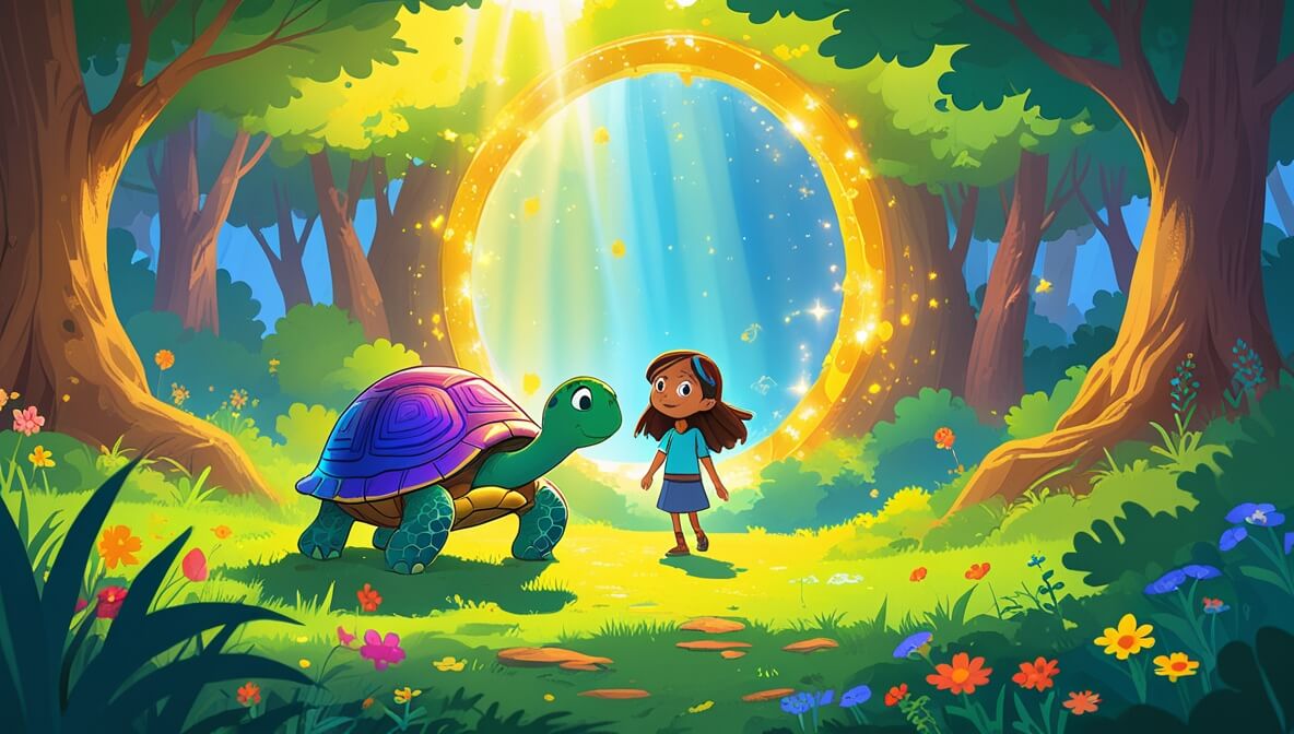 Rainbow-shelled turtle guides amazed girl to a golden forest clearing with a shimmering portal and colorful wildflowers.