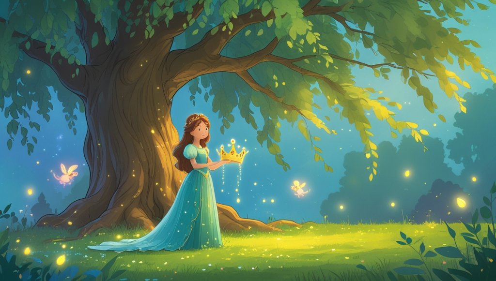 Princess Alina by a grand willow tree with glowing sprites and a golden willow crown in her hands.