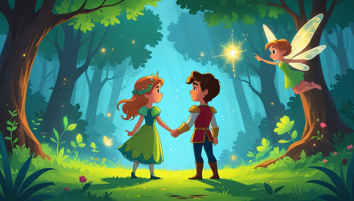 Princess Amara and Prince Dorian in Whispering Woods, facing mist with courage; Fizzle the fairy flutters nearby.