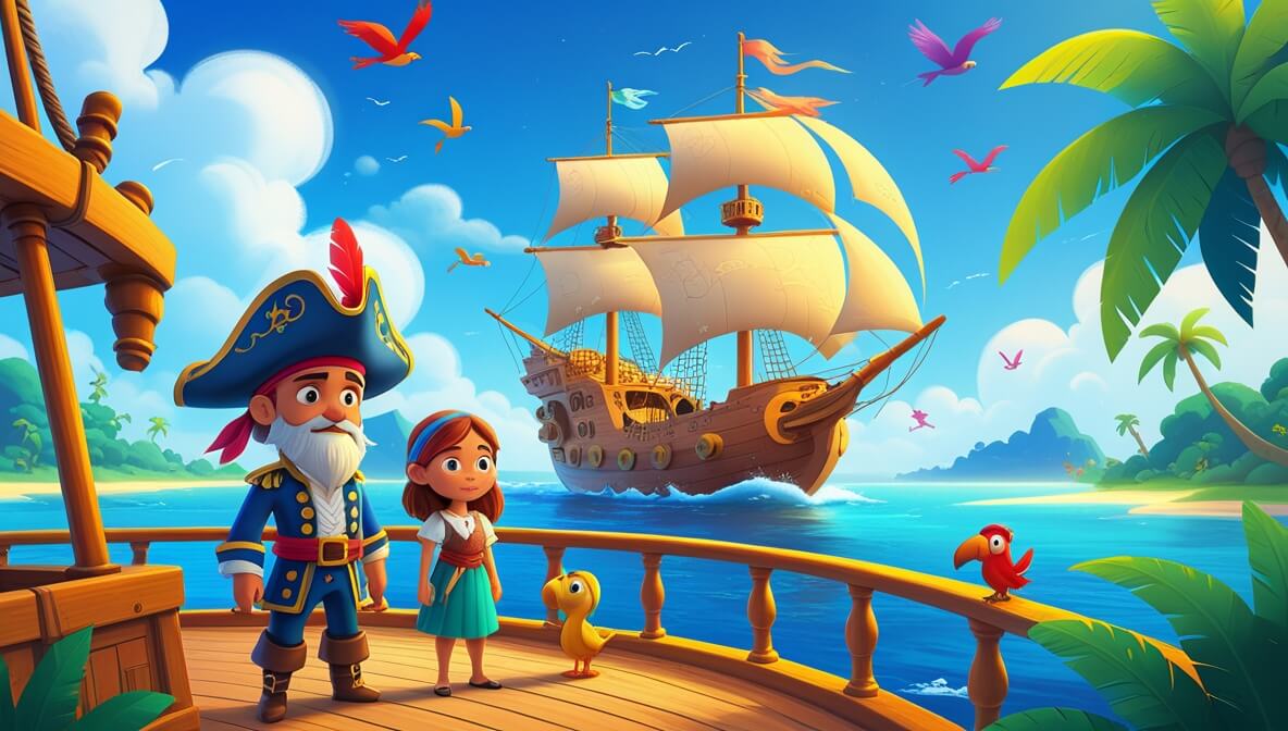 Captain Squall on ship deck with crew, bright sky, lush lagoon, colorful birds flying above.
