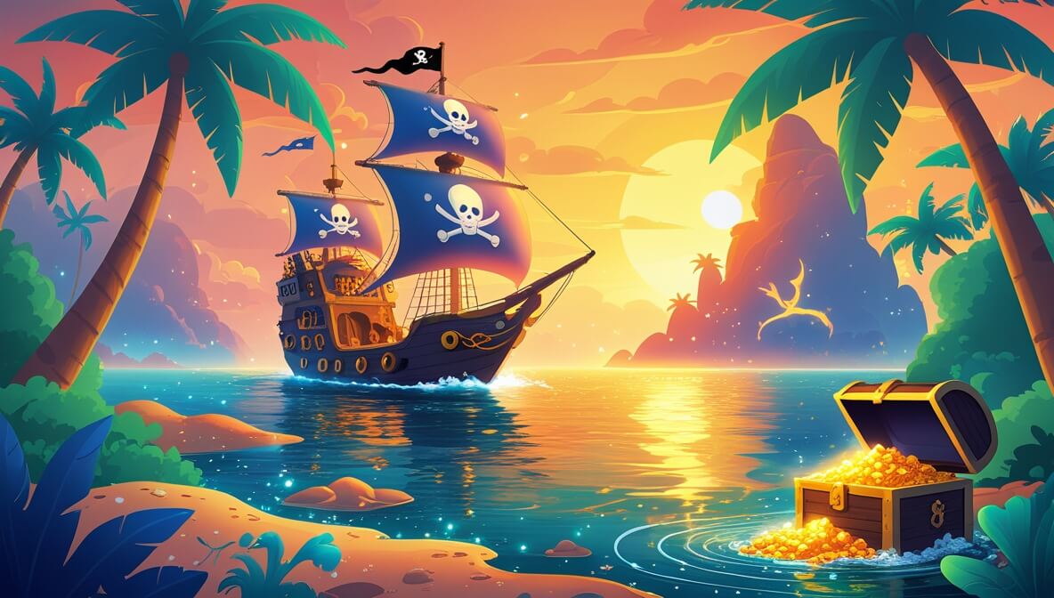 Pirate captain steering ship to mystical island; sunset glows, palm trees sway, treasure chest with Golden Pearl.