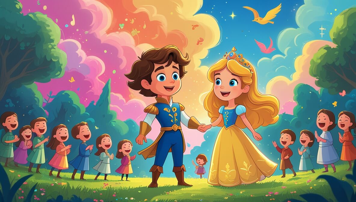 Young princess and cheerful prince in a vibrant glade, surrounded by singing villagers and colorful sky.
