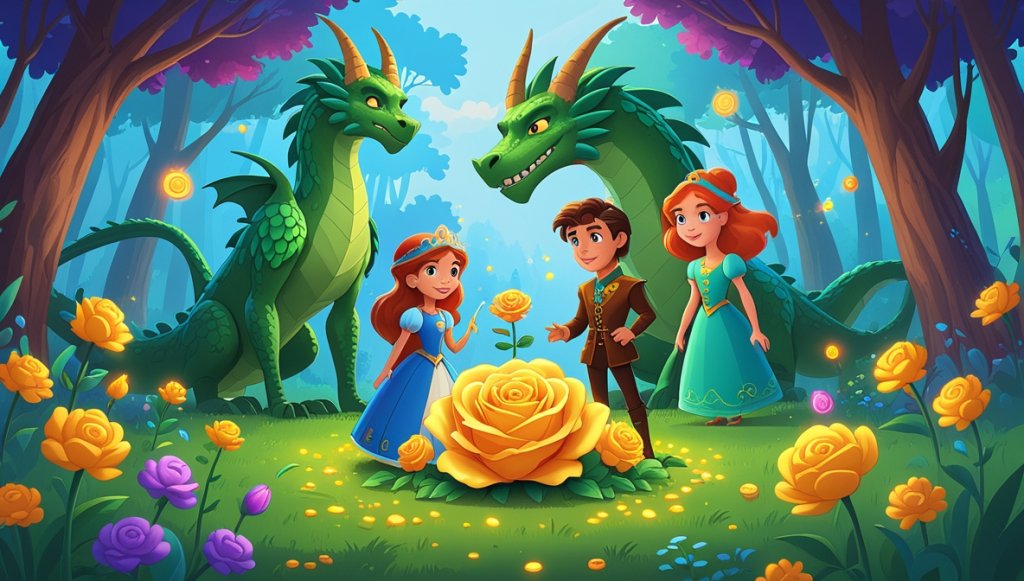 Princess Thalia and Sir Finnian with a Golden Rose, watched by a Green Wyvern, and Lady Marigold among colorful flowers.