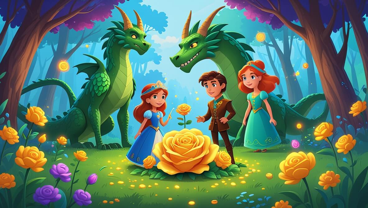 Princess Thalia and Sir Finnian with a Golden Rose, watched by a Green Wyvern, and Lady Marigold among colorful flowers.