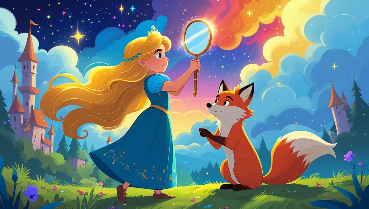 Princess with golden hair, holding a mirror, and a clever fox under a vibrant sunrise in the kingdom of Luminara.