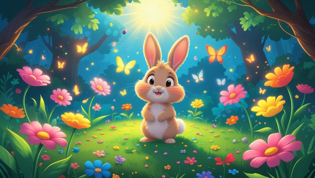 Fluffy bunny in a magical garden with colorful butterflies, giggling flowers, and a warm, sunny glow.
