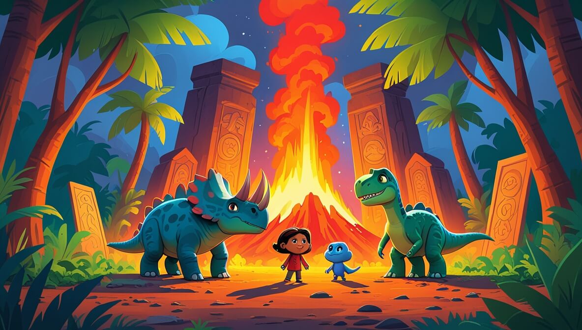 Triceratops, Brachiosaurus, Pterodactyl at volcano, glowing reds and oranges, lush green jungle backdrop.