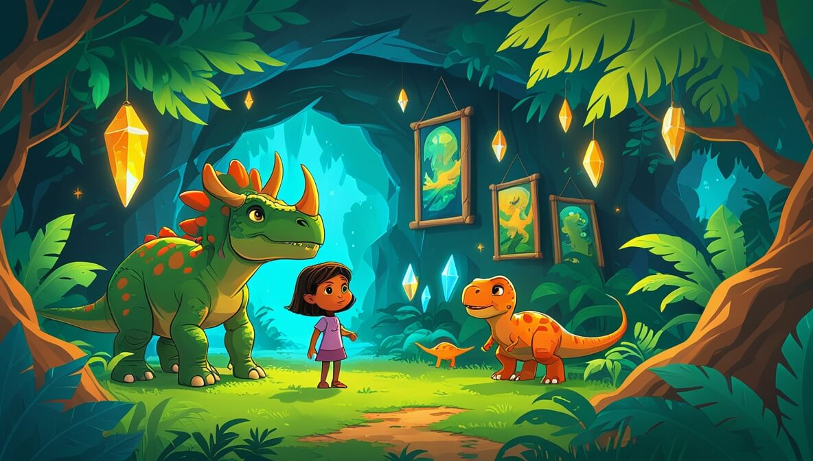 Young Triceratops at a cave entrance; inside, shimmering crystals and ancient paintings captivate her dinosaur friends.