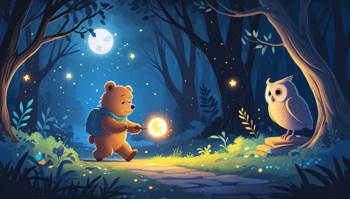 Young bear Tumble on a moonlit path with glowing moonlight piece, guided by wise owl Hoot in a serene forest.