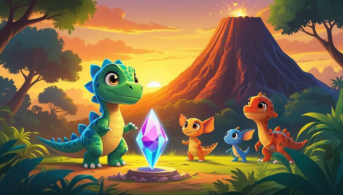 Green dinosaur holding a glowing crystal before a Volcano Guardian, with friends in a lush jungle at sunset.