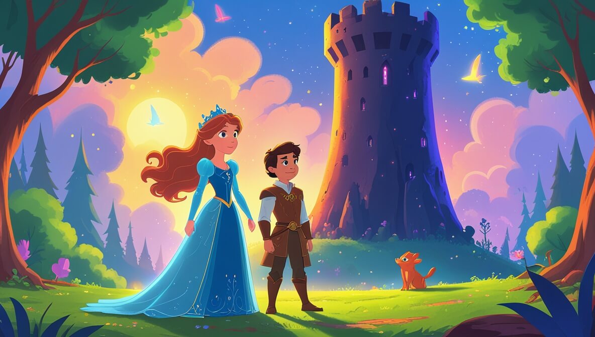 Princess Mirabella and Sir Galen stand before a dark tower in a colorful, magical forest at dawn.