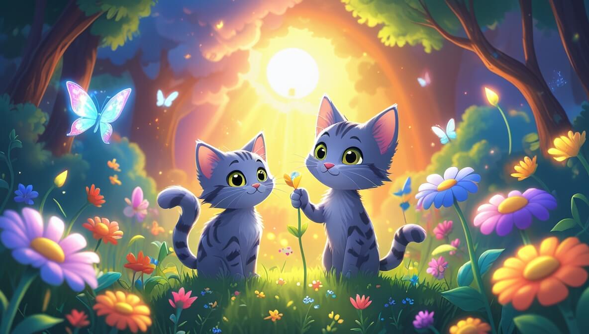 Gray kitten and shimmering butterfly near a glowing rainbow flower, surrounded by colorful blooms in a sunlit garden.