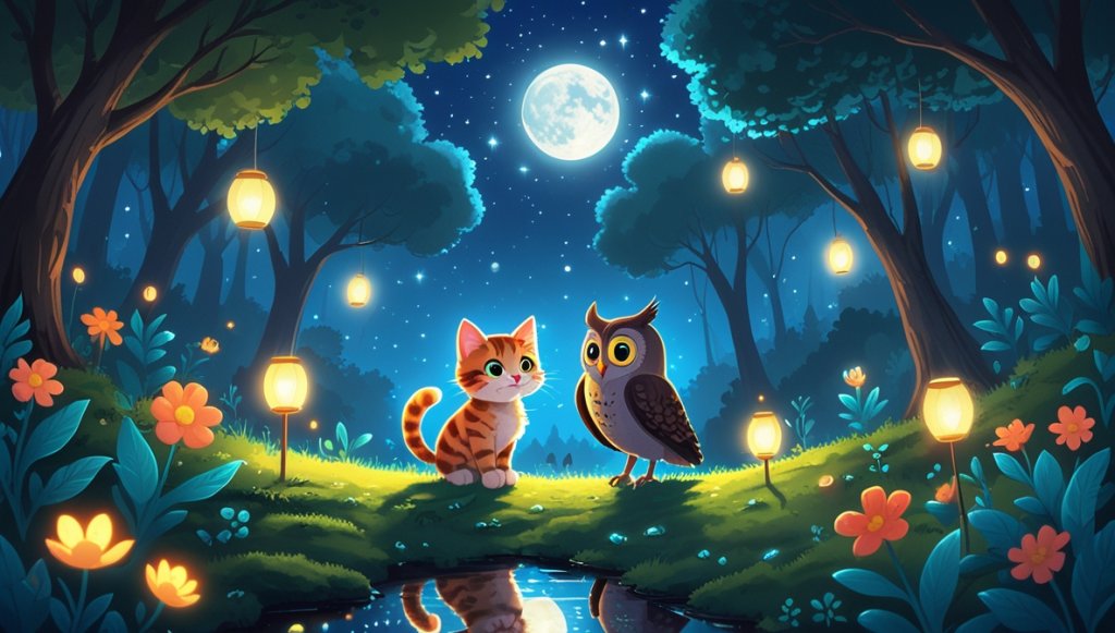Kitten and wise owl on a moonlit forest path with glowing flowers and a shimmering stream reflecting stars.