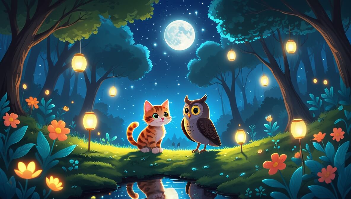 Kitten and wise owl on a moonlit forest path with glowing flowers and a shimmering stream reflecting stars.