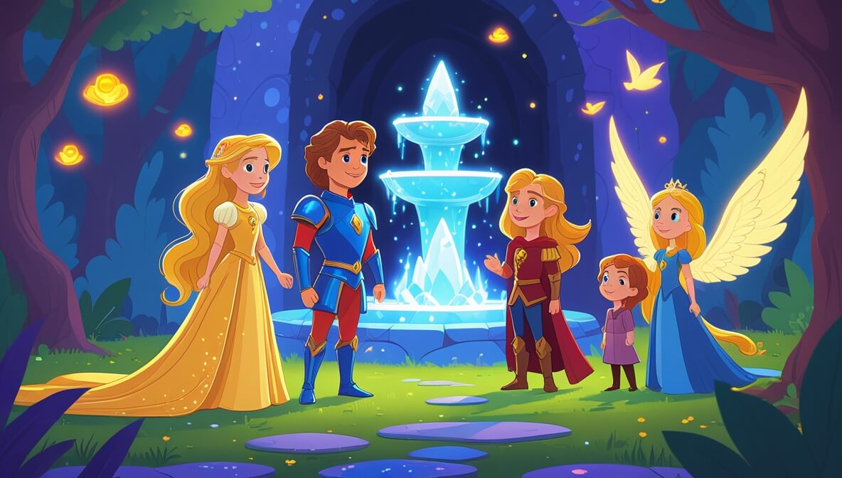 Princess with golden hair and knight in armor by a glowing fountain in a colorful labyrinth, watched by a winged fairy.