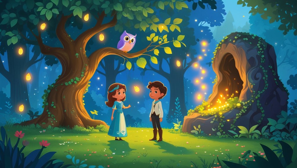Princess Liora and Prince Orion near a glowing tree in a magical garden with fireflies and a Whispering Owl.