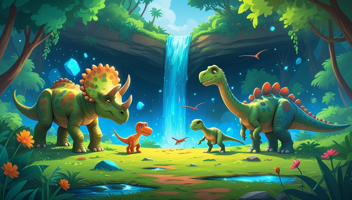 Curious Triceratops, swift Pterodactyl, and gentle Brachiosaurus in a jungle discovering a glowing stone valley.