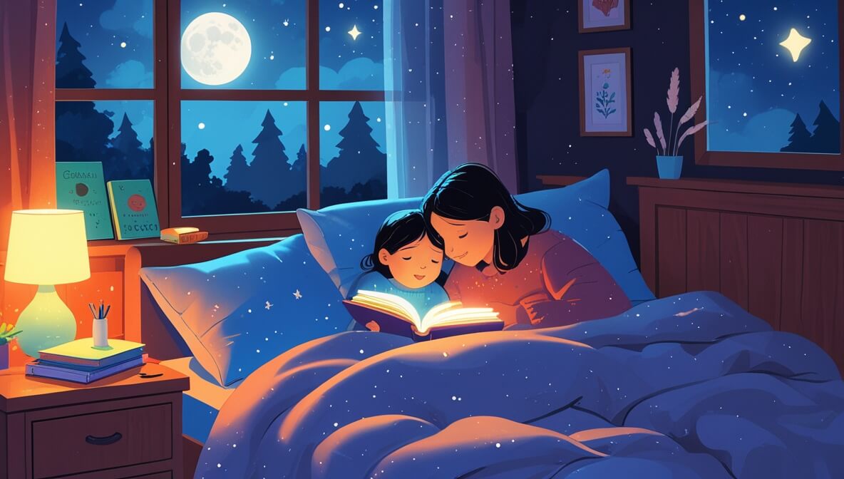 Parent and child reading a glowing book in a cozy bedroom with moonlight, pillows, and scattered children's books.