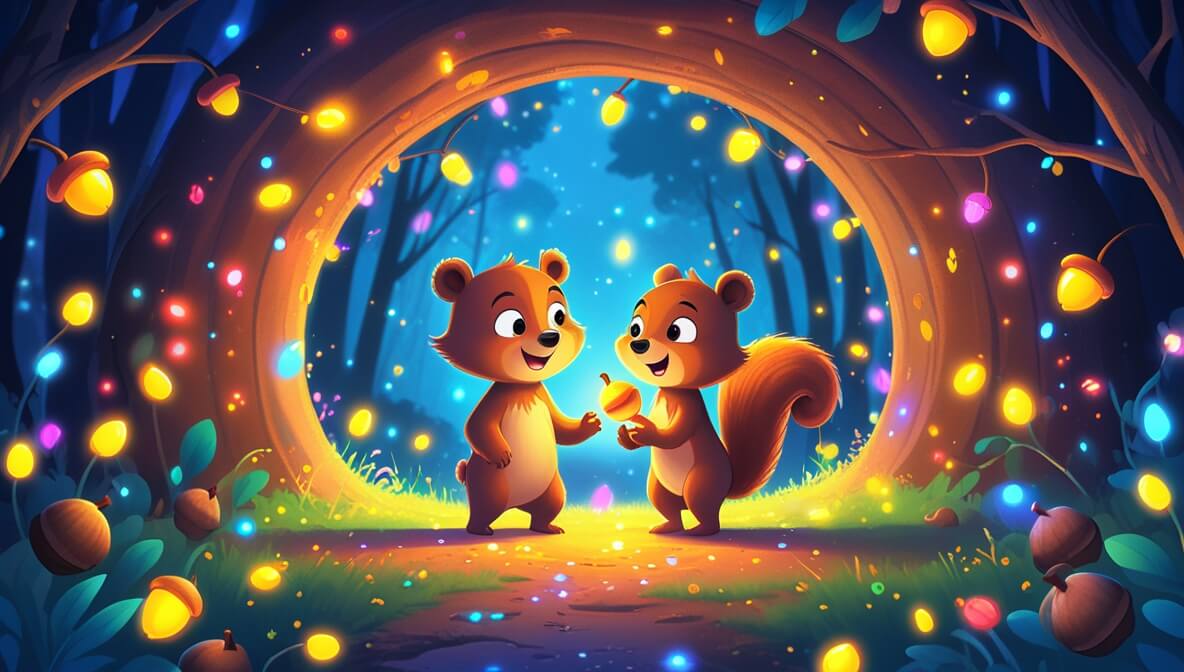Bear cub and squirrel in a magical tunnel with sparkling lights, holding a glowing golden acorn, faces lit with joy.