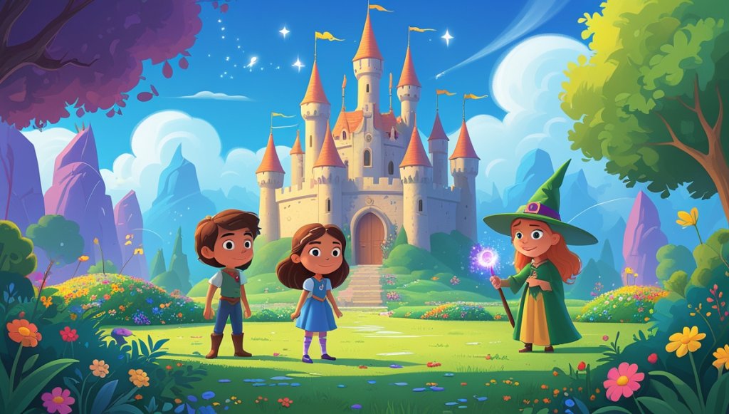 Princess Amara and Liam in a colorful garden, with Wanda the Witch holding a shimmering wand under a blue sky.