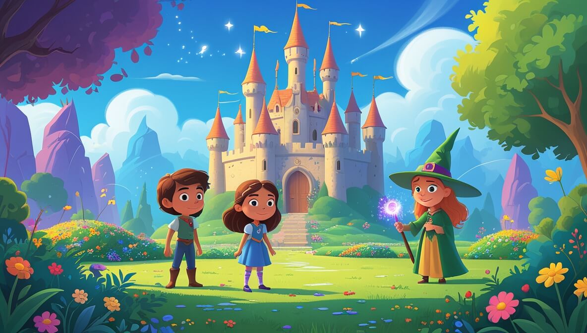 Princess Amara and Liam in a colorful garden, with Wanda the Witch holding a shimmering wand under a blue sky.