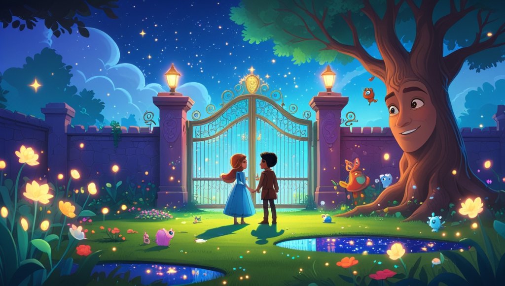 Princess and knight in enchanted garden with glowing flowers, starlit pond, and magical creatures watching.