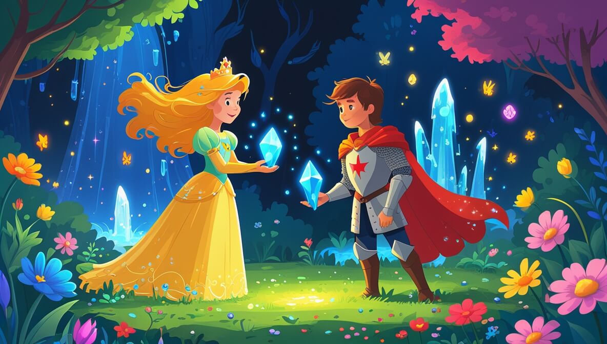 Princess with golden hair and knight with blue crystal in a vibrant garden under magical light.