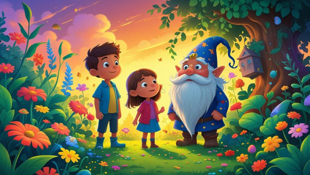 Curious kids and a wise gnome in a vibrant garden under a glowing sunset sky.