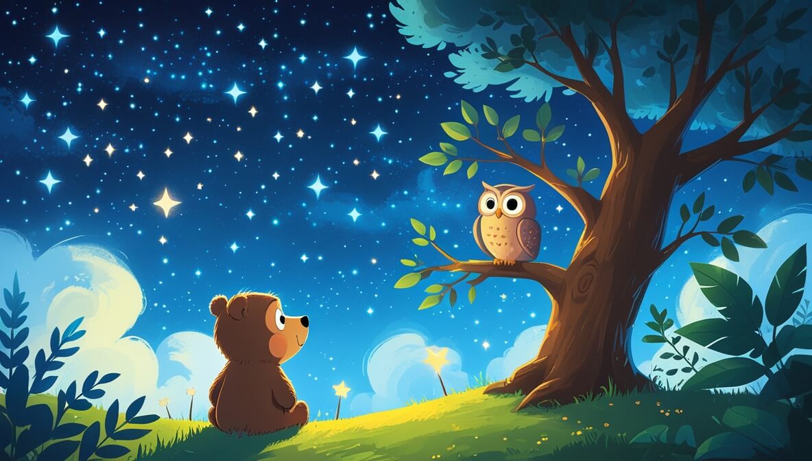 Curious bear gazing at twinkling stars, wise owl perched on branch, magical night sky with deep blue tones.
