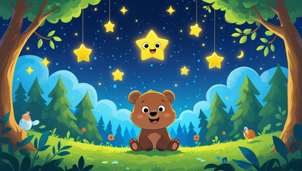 Benny Bear sings under a starry night sky, surrounded by green trees, with Twinkle the star shining above.