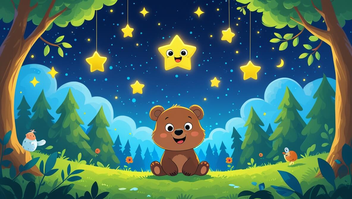 Benny Bear sings under a starry night sky, surrounded by green trees, with Twinkle the star shining above.