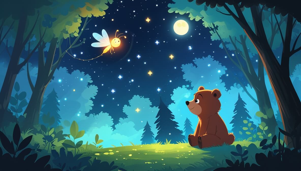 Firefly Luna glows in a starlit forest, while bear cub Benny gazes at twinkling stars and soft moonlit trees.