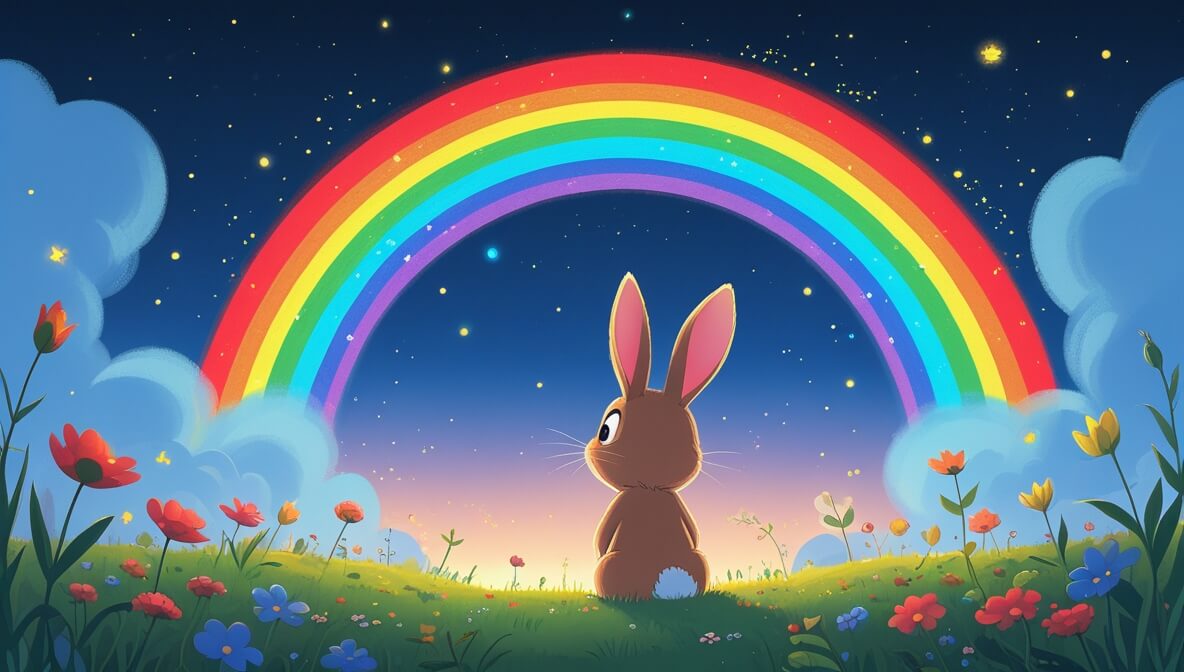 Curious bunny with big ears under a vibrant rainbow glowing with red, blue, and yellow hues in a twilight meadow.