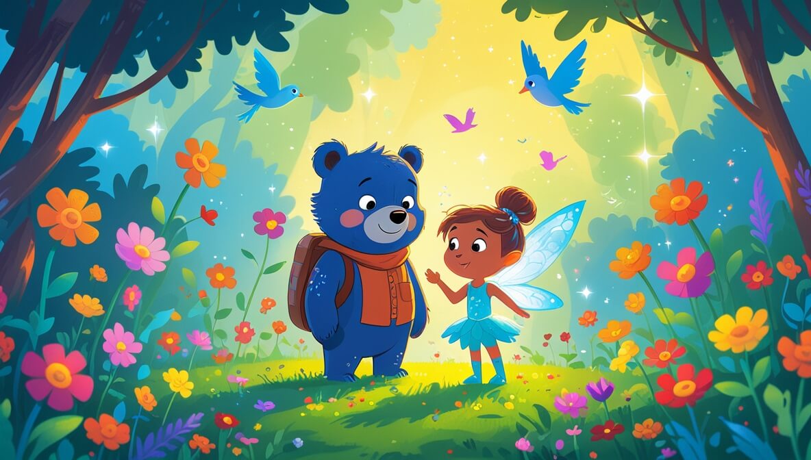 Bruno the bear and Twinkle the fairy in a colorful flower garden with birds and warm sunlight.