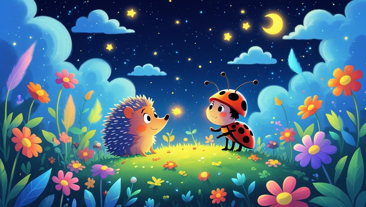 Hedgehog Bungo under starry sky, Luna the ladybug on nose, colorful flowers, glowing stars, and clouds.