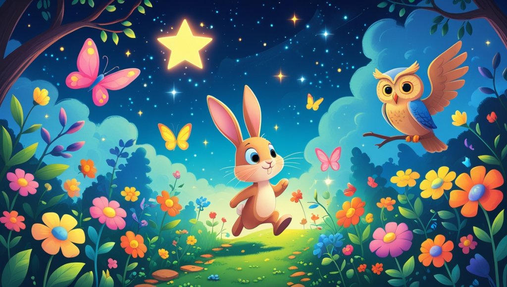 Curious bunny hopping on a garden path, surrounded by flowers and butterflies, under a starry sky with an owl.