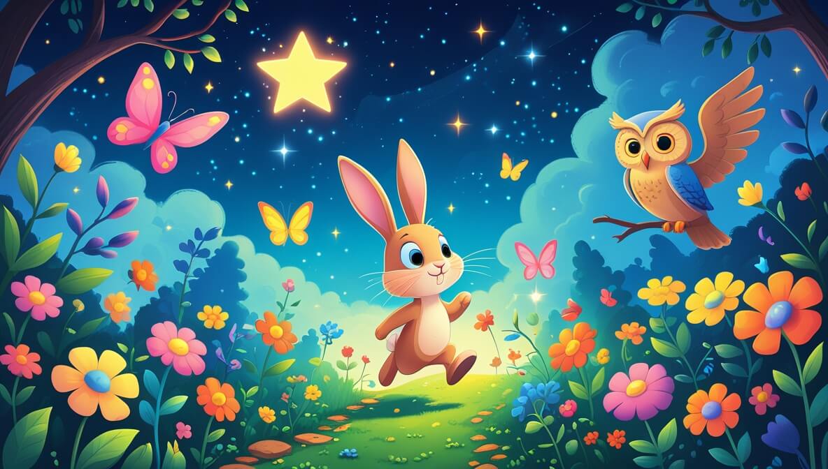Curious bunny hopping on a garden path, surrounded by flowers and butterflies, under a starry sky with an owl.