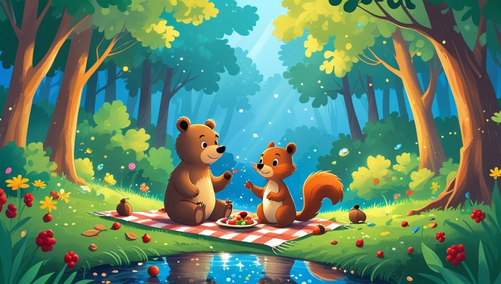 Bear and squirrel having a picnic by a sparkling stream in a sunlit forest, surrounded by trees and colorful flowers.