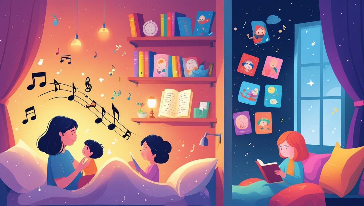 Bedroom scene with a parent singing a lullaby while another reads a storybook, creating a warm and magical atmosphere.
