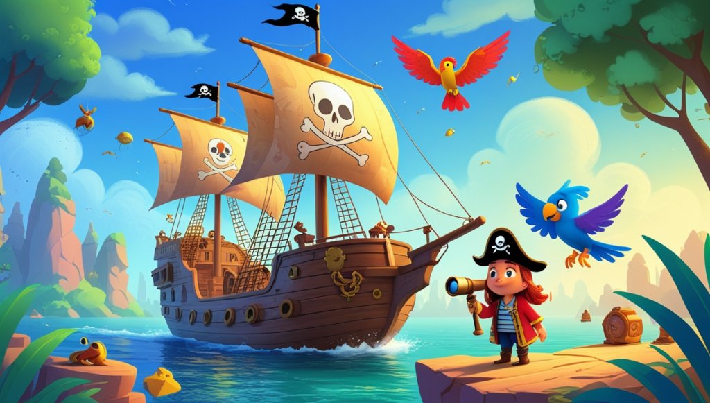 Pirate ship on calm sea with Captain Balthazar, brave Pippa with telescope, and Mr. Whiskers, a colorful parrot.