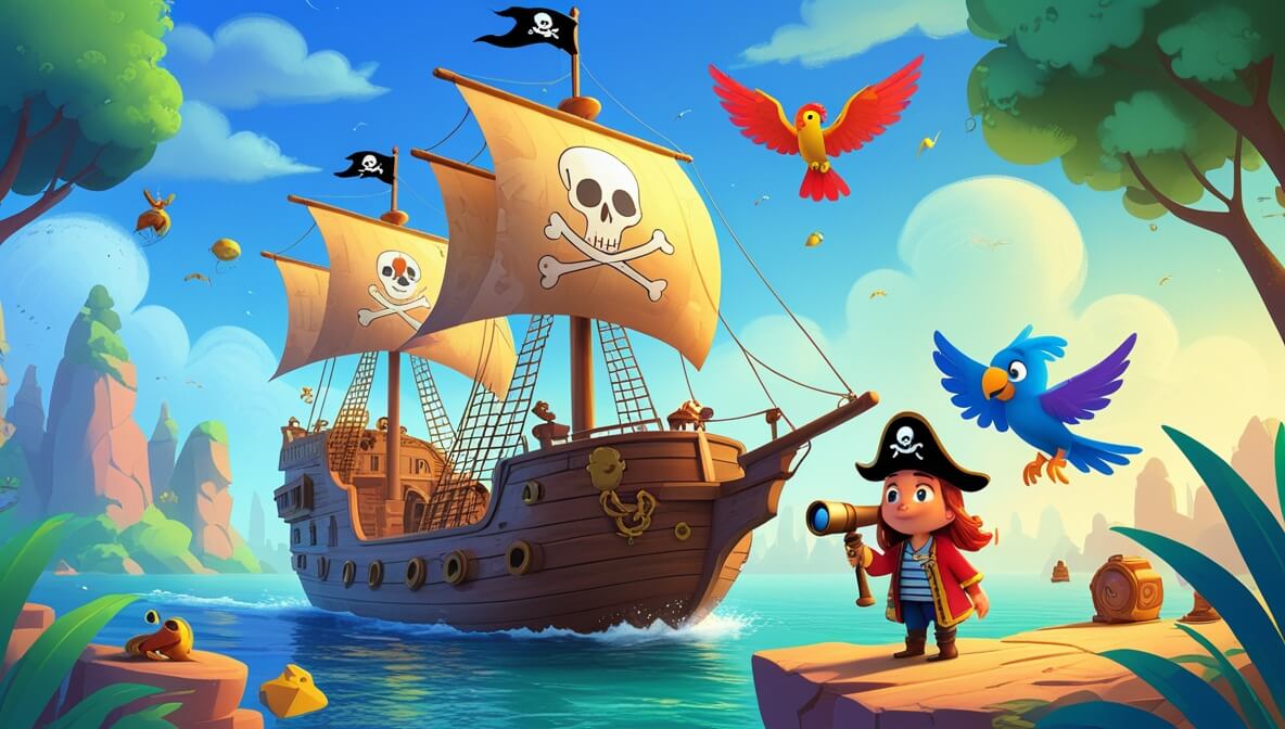 Pirate ship on calm sea with Captain Balthazar, brave Pippa with telescope, and Mr. Whiskers, a colorful parrot.