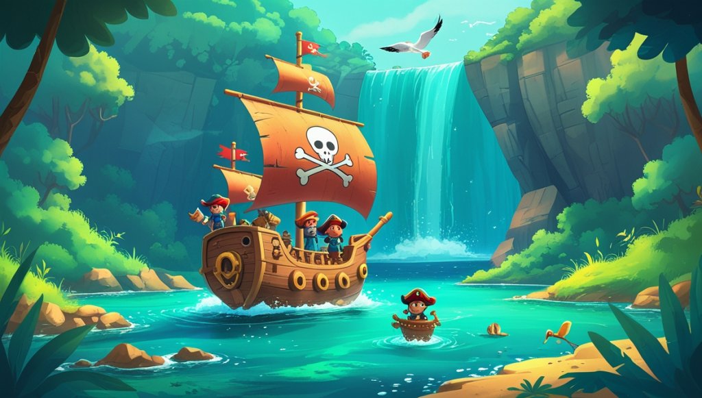 Pirate ship sailing towards a hidden waterfall cave, with Captain Barnaby and crew amidst lush greenery and a seagull above.