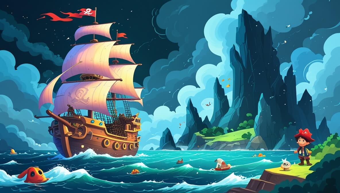 Pirate ship battling stormy seas, captain and crew with treasure map, approaching island with cliffs and cave.