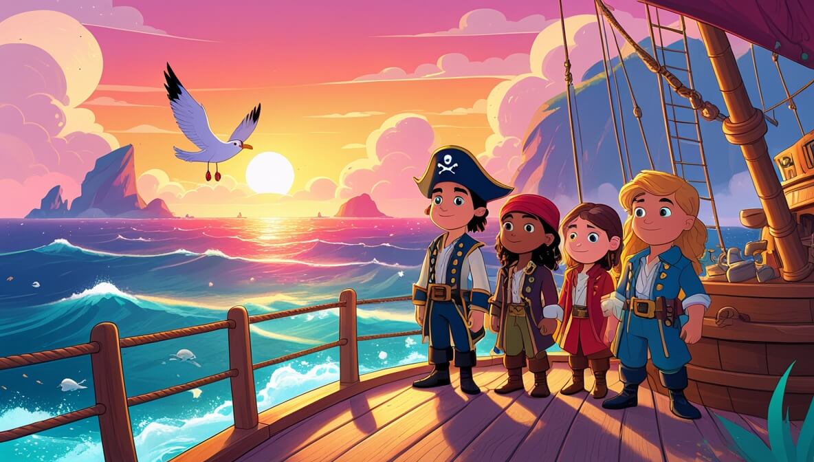 Pirates on deck, vibrant sunrise, island ahead, ocean waves in pink and orange hues.