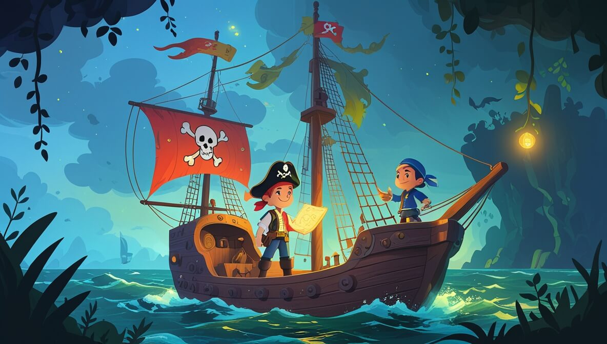 Pirate ship at sea under sunset; Captain Finn at helm, crew busy with map, mast, and distant island cave.